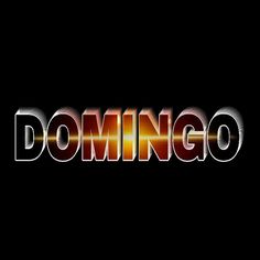 the word domingo written in metallic letters on a black background with an orange and yellow light