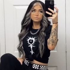 Black And Grey Long Hair, Hair Dye Ideas For Hazel Eyes, Black White Balayage, Black Hair With Grey Front Pieces, Black Hair With Silver Front Pieces, Goth Money Piece Hair, Perimeter Hair Color, Gray Money Piece Hair Black, Hair Colors With Black