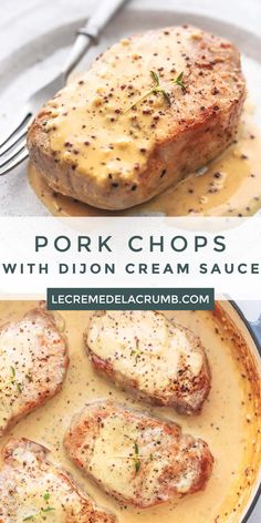 pork chops with dijon cream sauce in a skillet on a white plate