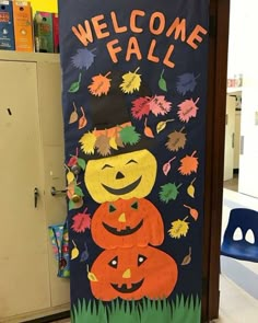 a welcome fall door sign with pumpkins and jack - o'- lanternes