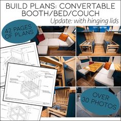 a collage of photos showing the plans for a table and bench with seating options