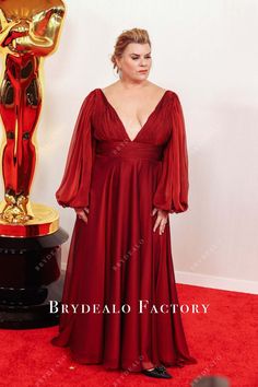 Claire Kaufman burgundy dress 2024 Oscars Red Carpet Red Carpet Plus Size, 2024 Oscars, Best Celebrity Dresses, Oscars Red Carpet Dresses, Long Puffy Sleeves, Oscars Red Carpet, Gown Plus Size, Red Carpet Gowns, Red Gowns