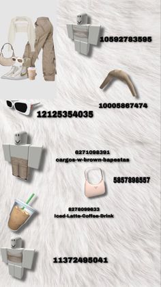 an advertisement with the names and numbers of different items on it, including shoes, purses