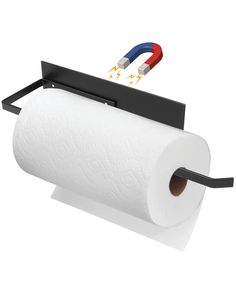 a roll of toilet paper is being held by a black holder with two wires attached to it