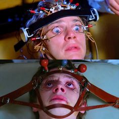 two people with wires on their heads, one wearing glasses and the other looking up