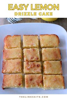 easy lemon drizzle cake on a white plate with the title in the middle