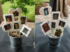 some pictures are placed in a bucket on a table