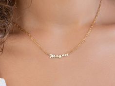 "Silver Name Necklace in Sterling Silver ♥ T H E ∙ P E R F E C T ∙ G I F T ♥ This necklace can be a great gift for a girlfriend, family member or for yourself. ∙ ∙ ∙ ∙ ∙ ∙ ∙ ∙ ∙ ∙ D E T A I L S ∙ ∙ ∙ ∙ ∙ ∙ ∙ ∙ ∙ ∙ * Material: High Quality Solid Sterling Silver 925 (safe for sensitive skin) * FINISH: Sterling Silver / Gold Plated / Rose Gold Plated * Model is wearing a 16\" ∙ ∙ ∙ ∙ ∙ ∙ ∙ ∙ ∙ ∙ NECKLACE ∙ LENGTH ∙ ∙ ∙ ∙ ∙ ∙ ∙ ∙ ∙ ∙ Chain Length: 14, 16, 18, 20, 22 inch With adjustable length All p Custom Text Nameplate Jewelry For Gift, Gold Necklaces With Custom Text For Gift, Custom Text Gold Necklace For Gift, Meaningful Custom Nameplate Necklace, Meaningful Personalized Name Necklace, Gold Nameplate Necklace With Custom Text, Gold Necklace With Custom Text For Mother's Day, Custom Text Gold Nameplate Necklace, Customizable Meaningful Name Necklace For Personalized Gift