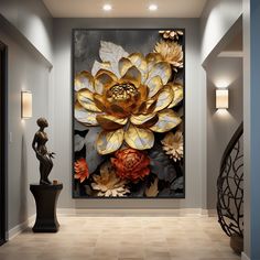 a large flower painting on the wall in a hallway