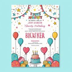 a birthday party flyer with balloons and cake