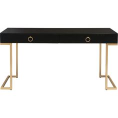 a black and gold console table with two drawers on one side, the top is open