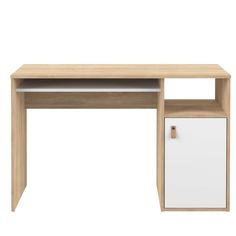 an office desk with a white cabinet underneath it