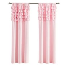 pink curtains with ruffles hanging from the top and bottom, on a white background