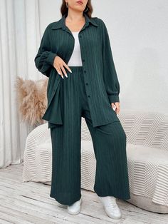 2pcs Plus Size Spring/Fall Casual Solid Color Long Sleeve Shirt & Pants Set Dark Green Casual    Plain  Non-Stretch  Women Plus Clothing, size features are:Bust: ,Length: ,Sleeve Length: Drop Shoulder Shirt, Plus Size Spring, Drop Shoulder Tee, Shirt Pant Set, Casual Athletic, Womens Tie, Shirt And Pants, Casual Fall, Plus Size Tops