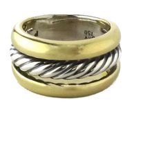 Brand:  David Yurman  Hallmark:  D.Y 925 750  Material:  sterling silver and 18k yellow gold  Measurement:  band is: 0.44" wide x 0.15" high  Ring Size:  6  Weight: 11.2 grams    This authentic band ring is from David Yurman, it is crafted from 18k yellow gold and sterling silver. The front of the band has silver cable row in the center and polished yellow gold on each end, all joined together at the back in silver finish. The band is signed by the designer with the metal content. Cable Row, David Yurman, The Row, Band Rings, 18k Gold, Ring Size, Yellow Gold, Band, Sterling Silver