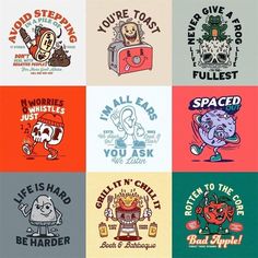 six different colored t - shirts with cartoon characters on them