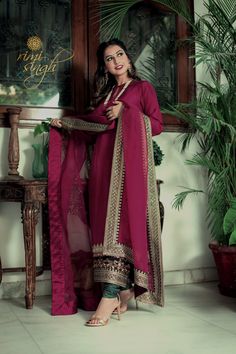 Long Shirt With Plazo, Shirt With Plazo, Wine Dress Outfit, Karwachauth Look, Stitching Styles, Affan Waheed, Raw Silk Dress, Plazzo Suits, Designer Anarkali Dresses