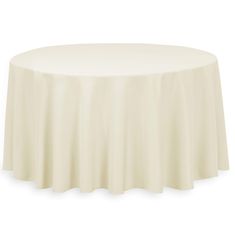 a round table with a beige cloth on it's top and an empty white background