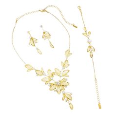 Make a flawless floral statement in our stylish metal mesh jewelry set. This is a wonderful addition to your spring and summer looks. Swinging between fun and sophisticated, this stunning floral necklace set adds a touch of nature to any outfit! Glittering crystal details catch the light beautifully, adding major sparkle, making this set spectacular! Necklace measures 17-21 inches in length with the 4 inches of adjustable extender chain. Adjusts for the perfect collar length necklace. Bracelet m Elegant Flower Shaped Metal Jewelry Set, Party Flower-shaped Gold Jewelry Sets, Elegant Metal Flower Jewelry Sets, Elegant Flower-shaped Jewelry Sets For Party, Elegant Flower Jewelry Sets For Party, Elegant Flower Jewelry For Summer, Elegant Summer Flower Jewelry, Elegant Flower Jewelry For Spring, Elegant Spring Flower Jewelry