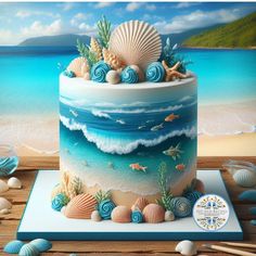 there is a cake decorated with seashells on the beach