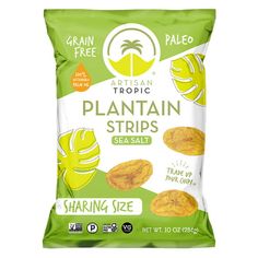 a bag of plantain strips sitting on top of a white surface