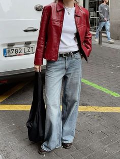 24 Fall Fashion, Red Jacket Fall Outfit, Red And Leather Outfit, Styling A Red Bag, Red Jacket Leather Outfit, Outfits With Winter Jackets, Red Jeans Outfits, Colourful Leather Jacket, Red Leather Jacket Outfit Men