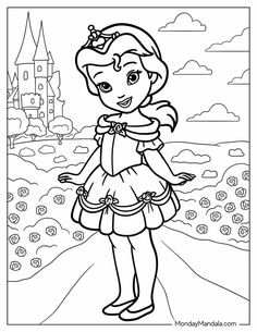 a coloring page with a girl standing in front of a castle