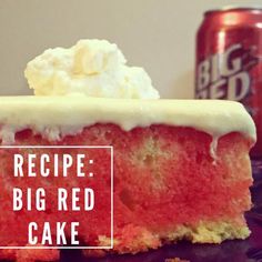 a piece of cake with white frosting on top and a can of beer in the background