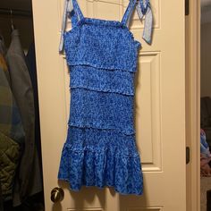 Never Worn. Large Blue Fitted Lined Sundress, Blue Lined Midi Sundress, Blue Lined Midi Dress For Vacation, Blue Ruched Fitted Sundress, Blue Fitted Ruched Sundress, Fitted Blue Ruched Sundress, Blue Fitted Casual Sundress, Blue Fitted Sundress For Day Out, Fitted Blue Casual Sundress