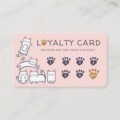 a pink card with cats and paw prints on the front that says, l'yaty card receive $ 50 off your pet visit