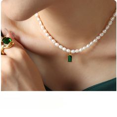 Style: Female Material: Titanium Steel, Freshwater Pearl,Crystal Pearl Type: Cultured Pearl Color: White Pearl Shape: Irregular Necklace Length: 40+8cm Irregular Necklace, Pearl Necklace With Gold, Emerald Pendant, Freshwater Pearl Necklace, Pearl Crystal, Green Crystal, Pearl Types, Freshwater Pearl Necklaces, Pearl Color