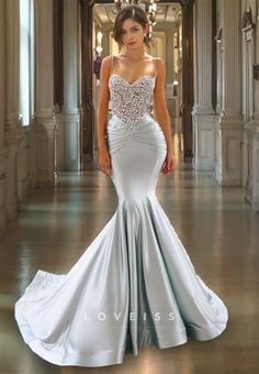 This elegant L9031 - Spaghetti Straps Beads Mermaid Prom Formal Dress is the perfect choice for a formal event. Making a stunning entrance, this dress features intricate beading detail on the bust and mermaid-style skirt. The spaghetti straps assure a comfortable fit. Perfect for any special occasion! Satin Mermaid Dress, Trumpet Prom Dress, Prom Dress With Train, Mermaid Style Dress, Mother Wedding Dress, Sweetheart Prom Dress, Prom Dress Styles, Evening Dress Fashion, Mermaid Silhouette