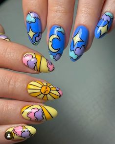 Sun Nails, Sky Nails, Hippie Nails, Moon Nails, Really Cute Nails, Cute Nail Art, Fire Nails, Dream Nails, Funky Nails