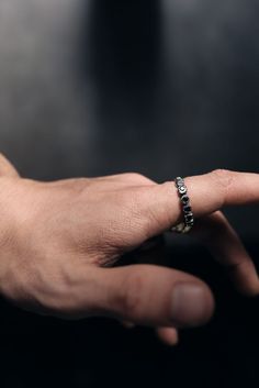 Thin, raw band inspired by the crowns featuring six natural 'black sapphires' sourced in Sri Lanka. Perfect fit for stacking with other rings. Hand carved and finished using artisan techniques. Oxidized and polished for texture enhancement. Made of .925 sterling silver Weight approx. 16g /// #gonearchive #menrings #mensrings #mensjewelry #ringforman #jewelryformen #mensfashion #menjewelry #artisanjewllery #handcraftedjewelry #silverrings Rings Hand, Black Sapphire, Silver Band, Sri Lanka, Diamond Rings