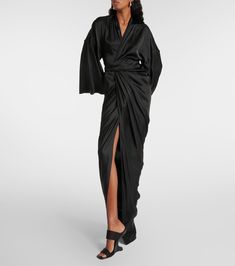 Satin wrap gown in black - Rick Owens | Mytheresa Elegant V-neck Robe For Evening, Silk Evening Maxi Dress With Tie Waist, Elegant Silk Maxi Dress With Tie Waist, Fitted Silk Maxi Dress With Tie Waist, Elegant Evening Robe In Maxi Length, Elegant Evening Robe Maxi Length, Elegant Maxi Robe For Evening, Elegant Maxi Length Robe For Party, Elegant Maxi Length Party Robe