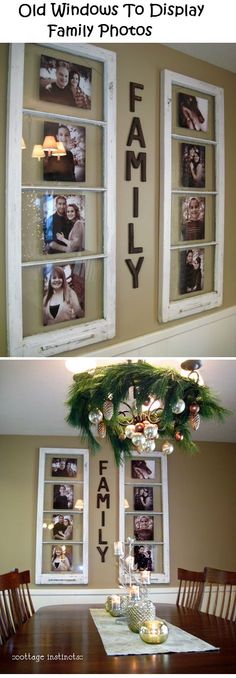 two pictures hanging on the wall above a dining room table with christmas decorations in front of them