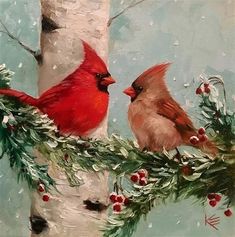 two red birds sitting on top of a tree branch with berries and pine cones around it