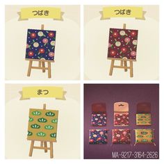 four different pictures of an easel with flowers painted on it, and the words