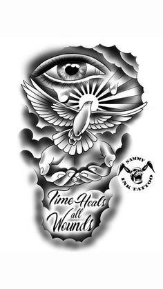 an all seeing tattoo design with the words time heals, and an eye on it