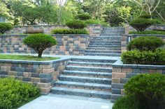 a stone wall with steps leading up to trees and bushes