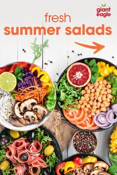 fresh summer salads on plates with an orange arrow pointing to the top and bottom