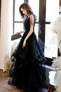 Black V-Neck Tulle Layers Long Formal Dress A-Line Black Party Dress