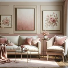 a living room with two couches and paintings on the wall behind them in shades of pink