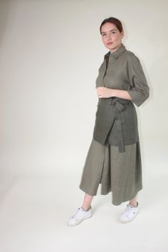 Linen Shirtdress With Pockets Long Sleeve Dress With Belt - Etsy Lithuania Midi Linen Dress, Midi Dress Winter, Long Linen Dress, Warm Dresses, Linen Shirt Dress, Linen Casual, Autumn Dress, Shirt Dress Casual, Dress With Belt