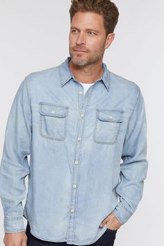 A denim shirt will never go out of style! And in the Glacier, you'll be cool and comfortable all season long. Made from 100% Tencel, this lightweight denim shirt offers a just-right layer for breezy spring and summer days. Genuine horn buttons, contrast amber stitching, and two chest pockets finish this timeless design. Denim Shirt Outfit, Tencel Denim, Blue Denim Shirt, Mens Fashion Wear, Teen Boy Outfits, Be Cool, Oxford Shirt, Mens Fashion Trends, Boys Clothing