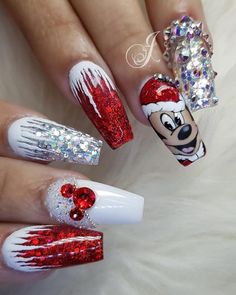 Disney Acrylic Nails, Mickey Nails, Xmas Nail Art, Red Christmas Nails, Pretty Nail Art Designs, Disney Nails