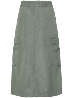 fern green cotton A-line logo patch to the rear high-waisted elasticated waistband front button and zip fastening two side slash pockets two side cargo pockets multiple rear flap pockets straight hem mid-length Green Utility Mini Skirt, Casual Knee-length Cargo Skirt With Pockets, Knee-length Utility Cargo Skirt With Pockets, Green Cotton Cargo Skirt With Side Pockets, Spring Green Cargo Skirt With Pockets, Green Utility Cargo Skirt With Pockets, Casual Green Cargo Skirt With Multiple Pockets, Green Cargo Skirt With Pockets For Work, Casual Green Cargo Skirt For Work