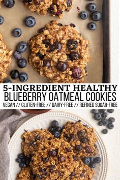 blueberry oatmeal cookies on a plate with the words 5 - ingredient healthy blueberry oatmeal cookies