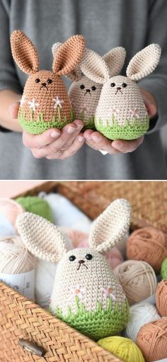 two crocheted bunnies in the shape of rabbits with text overlay that says,