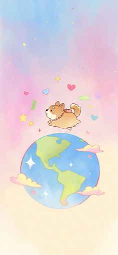 a dog is flying over the earth with hearts and stars in the sky above it